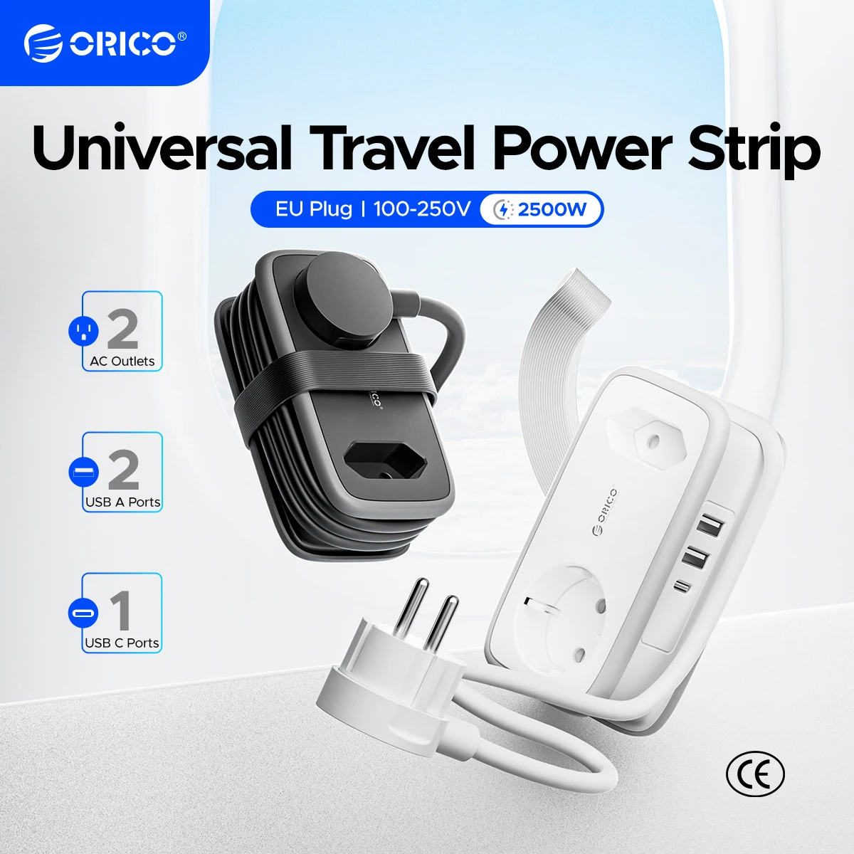 

ORICO Power Strip 2AC 3USB Port EU Plug Socket 1.1M Extension Cable Sockets 5-In-1 Smart Socket for Home/Travel Power Strip