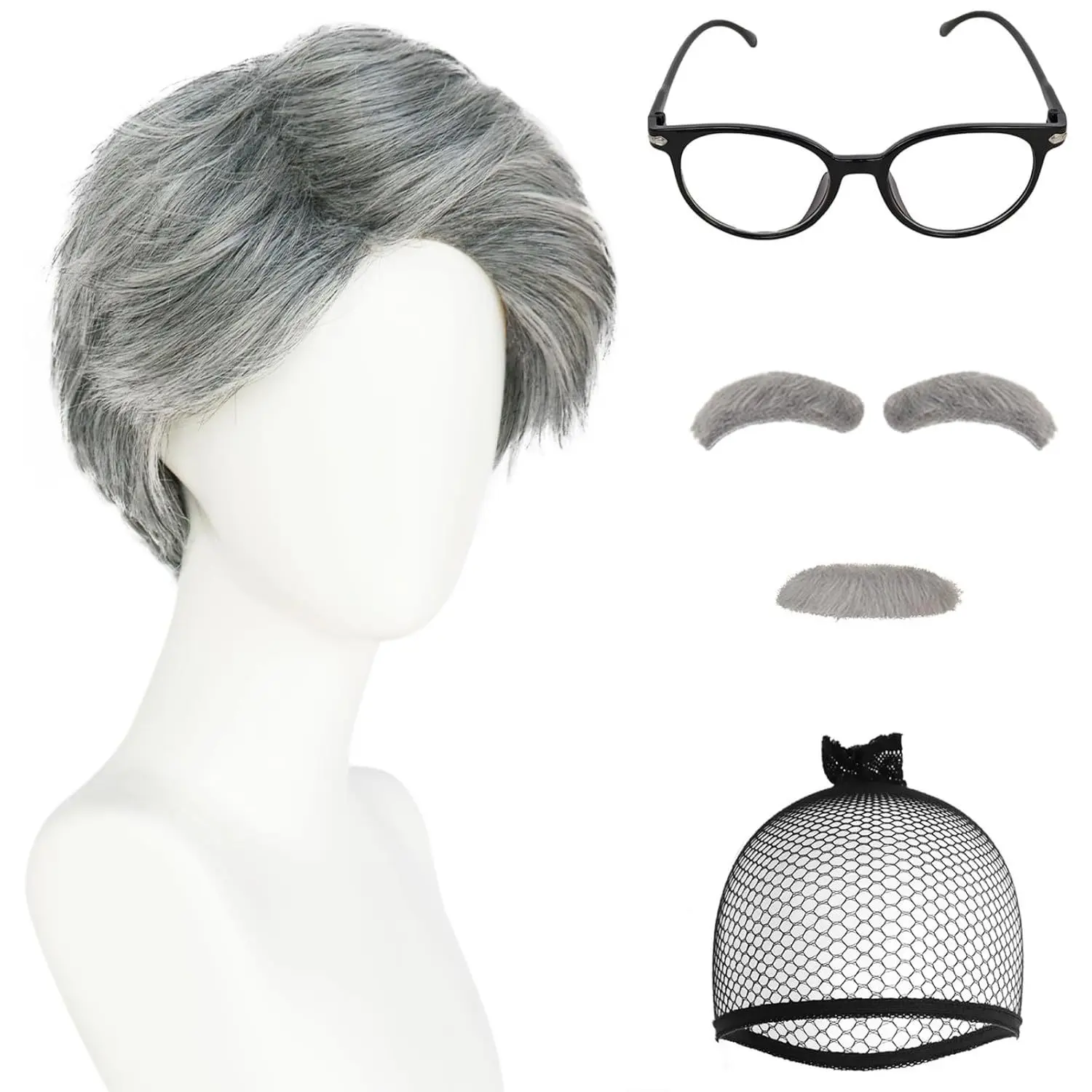 Men Hallowee Cosplay Old Man Wigs Eyebrow Beard Breathable Head Cover Suit Performance Dress Up Grandpa Wig