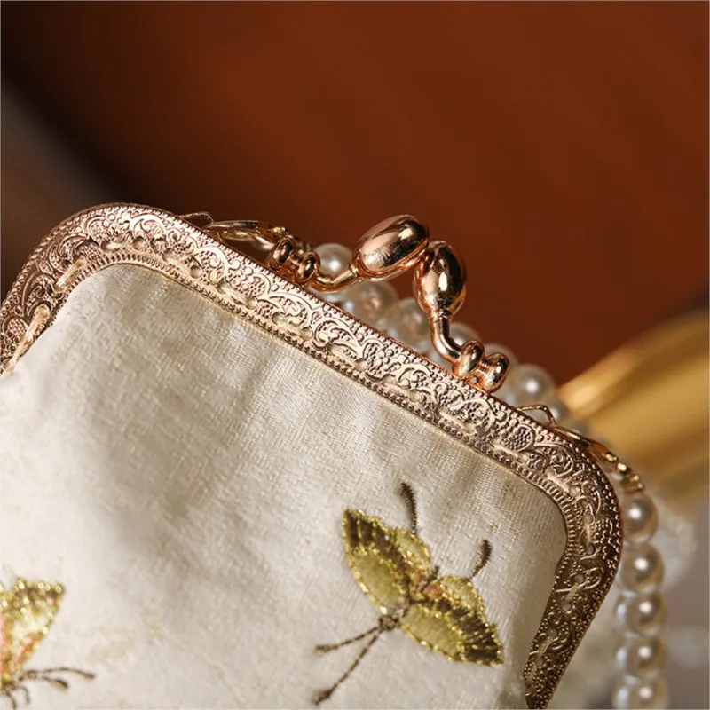 Johnature 2024 New Exquisite Embroidered Silk Pearl Handbag Women Versatile Antique Cheongsam Bag Lady Mini Shoulder Bags