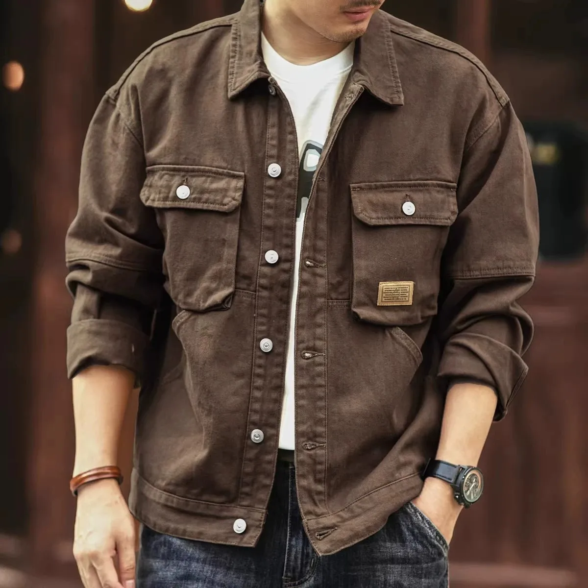 American Style Heavyweight Men's Denim Jacket Loose Casual Lapel Workwear Jacket Breathable Cotton Spring Autumn Wear