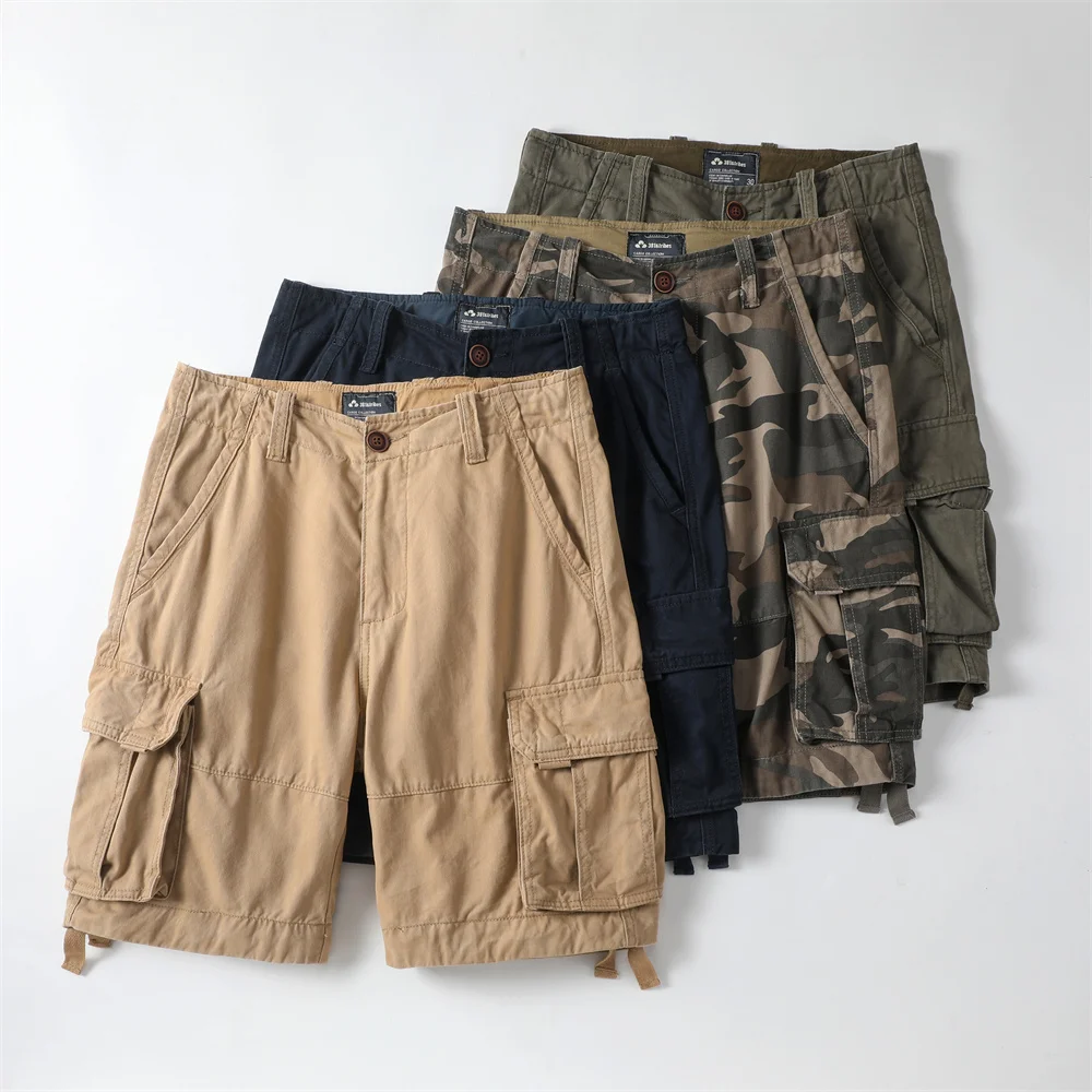 American Retro Style Men Summer Casual Shorts Multi Pockets Camouflage Cargo Shorts Knee Length Loose Beach Shorts Sports Pants