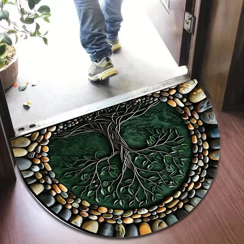 VIKAMA Semicircle Tree of Life Doormat Pebble Border Anti-Slip Boho Absorbent Entrance Rug Indoor Front Door Floor Mat Home