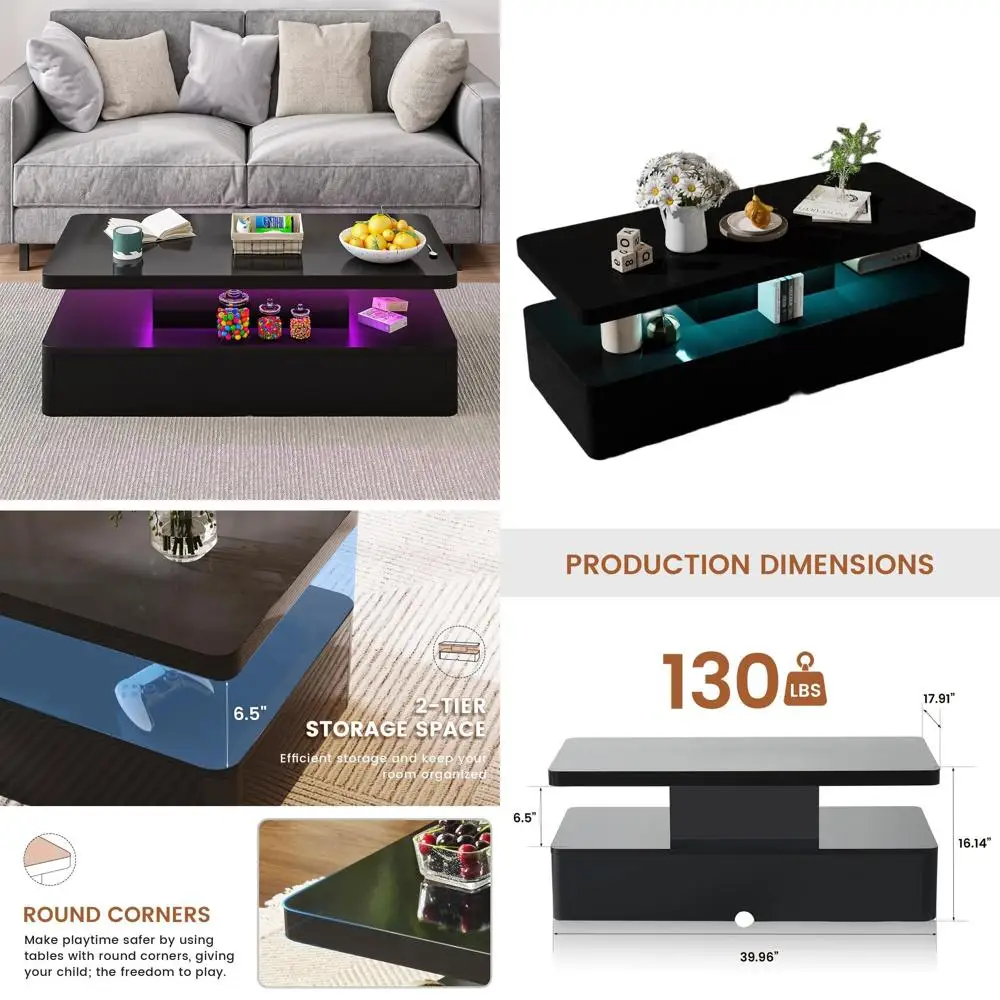 

Журнальный столик с 40 светодиодами и подсветкой, 2-уровневый столик для хранения вещей, глянцевая черная мебель для гостиной