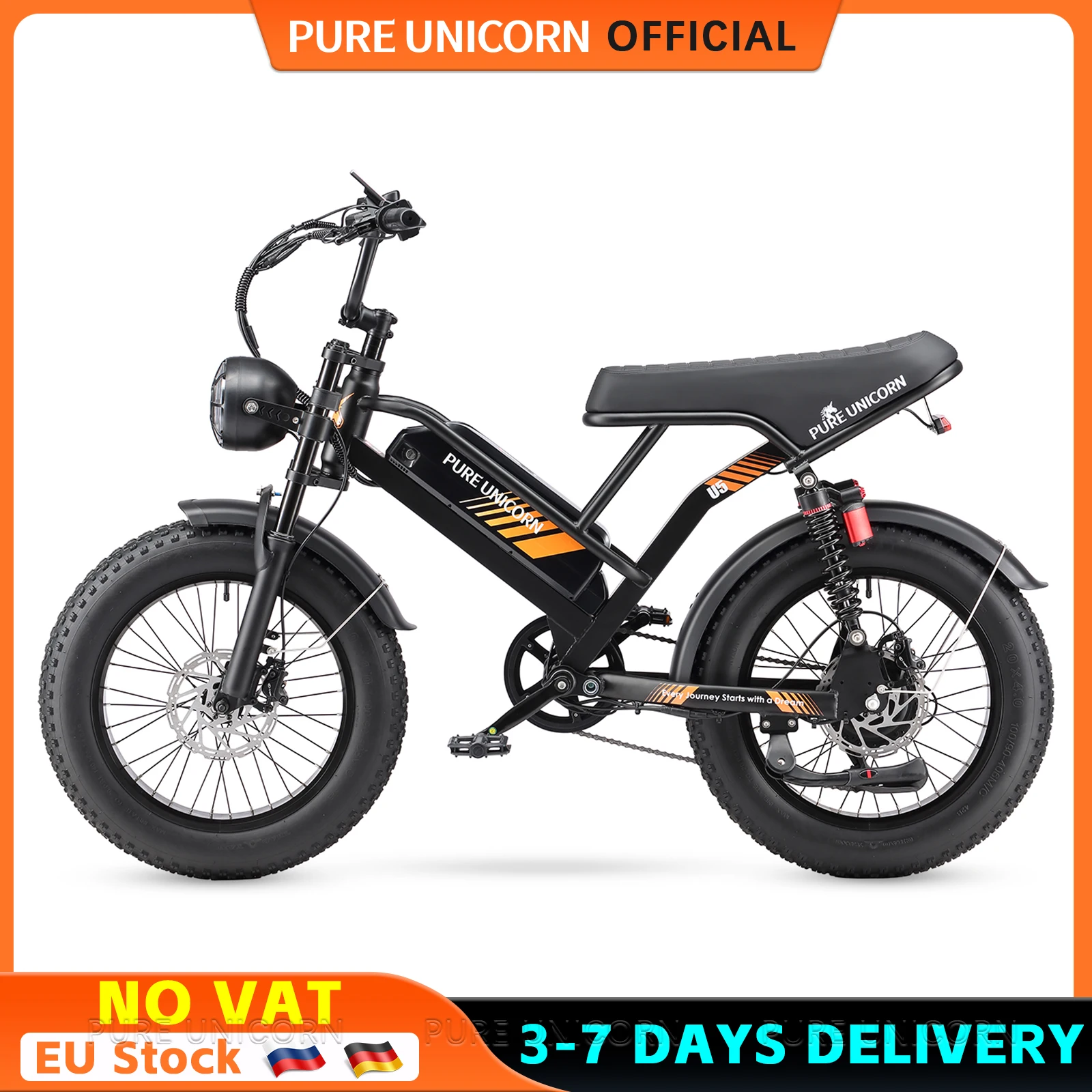 Vélo électrique PURE UNICORN U5 pour adultes, 48V 1000W 19.2Ah, moto, 45KM/H, pneus larges, vélo électrique puissant, style cyclomoteur, vélo électrique pour hommes