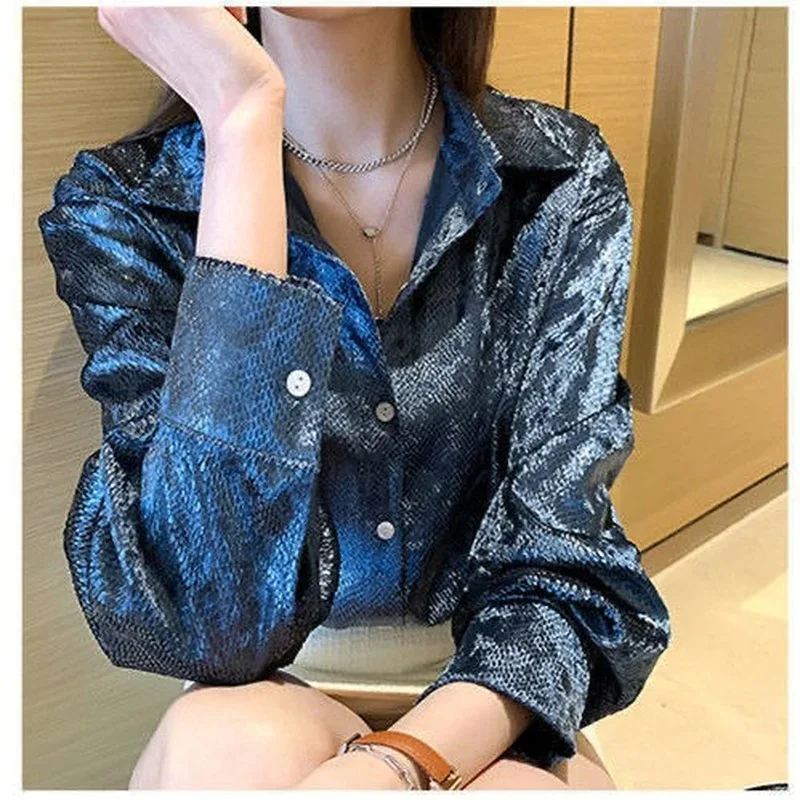 Women\'s Shiny Button Shirt Spring and Autumn Long Sleeve Top Designer Women\'s Clothing Korean Fashion Loose High Quality Retro