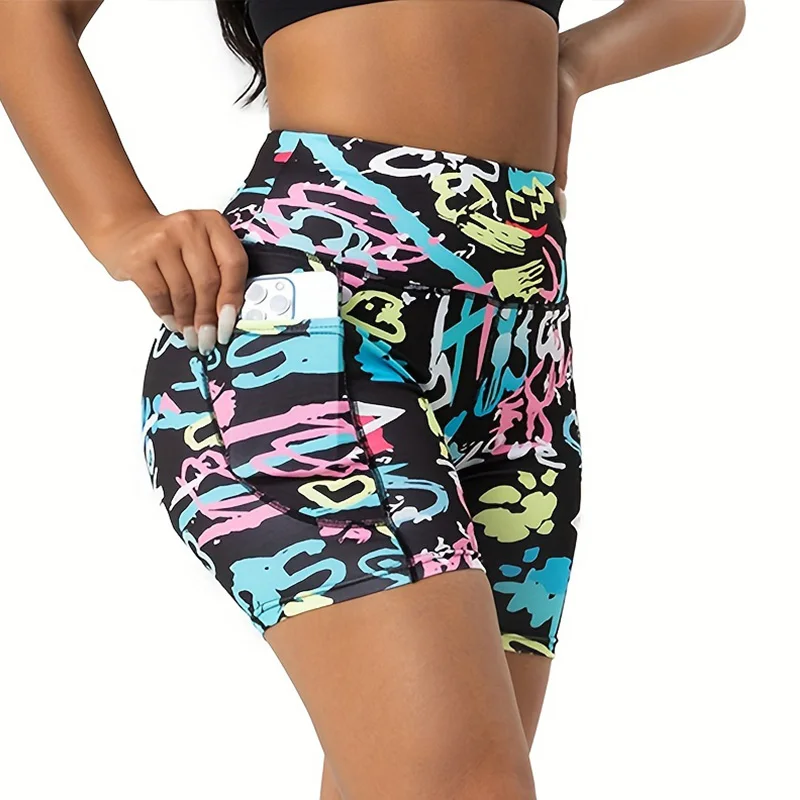 Printed High Waisted Biker Shorts for Women Tummy Control Fitness Athletic Workout Running Yoga Gym Shorts