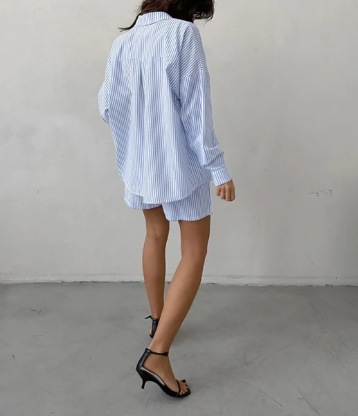 Women Shorts Set Single-Breasted Button Sleepwear Home Blue Stripe Long Sleeve Shirt & Loose High Waisted Pocket Wide Leg Shorts