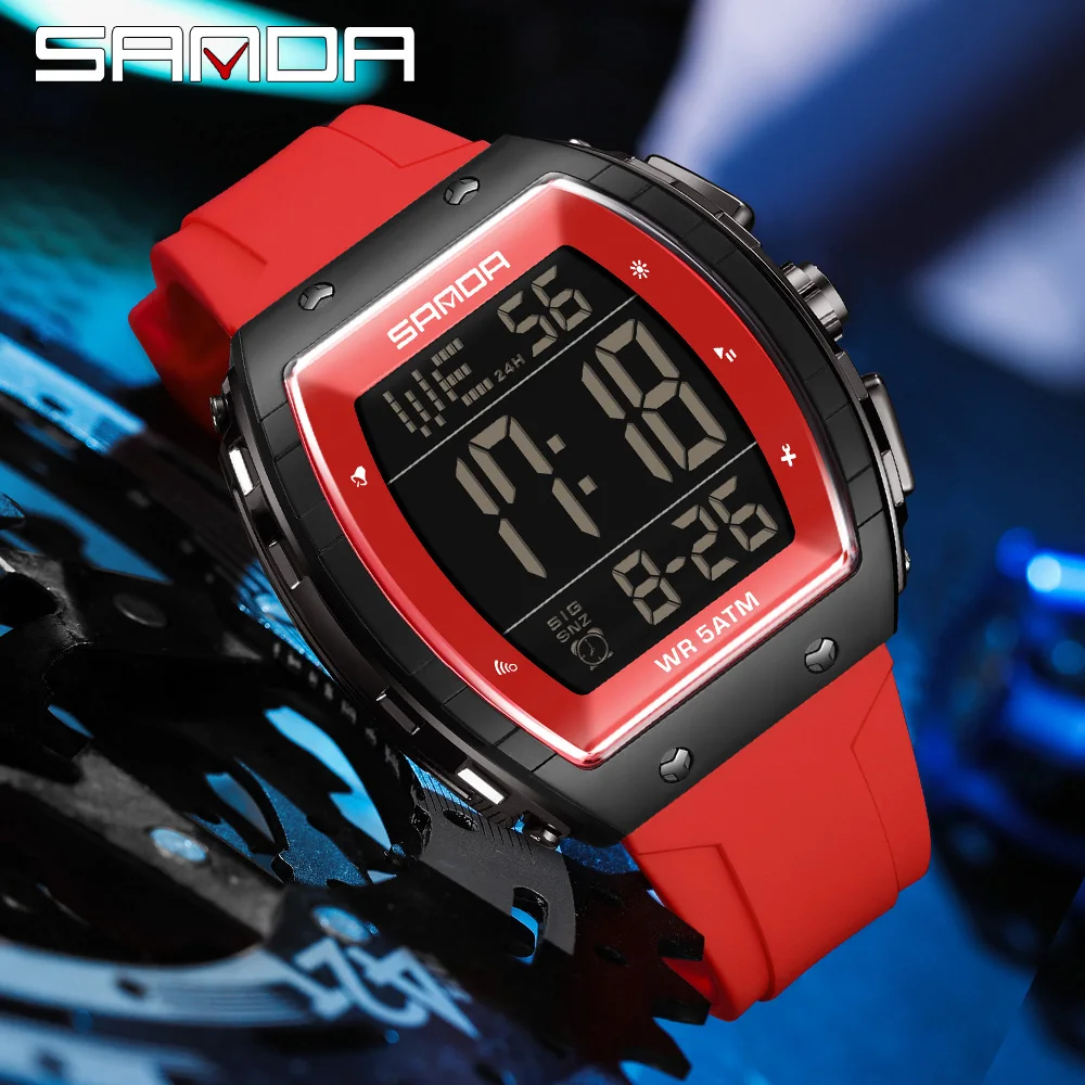 SANDA 6258 ساعة إلكترونية للطلاب رياضية متعددة الوظائف مقاومة للماء LED ساعة رقمية إلكترونية للرجال