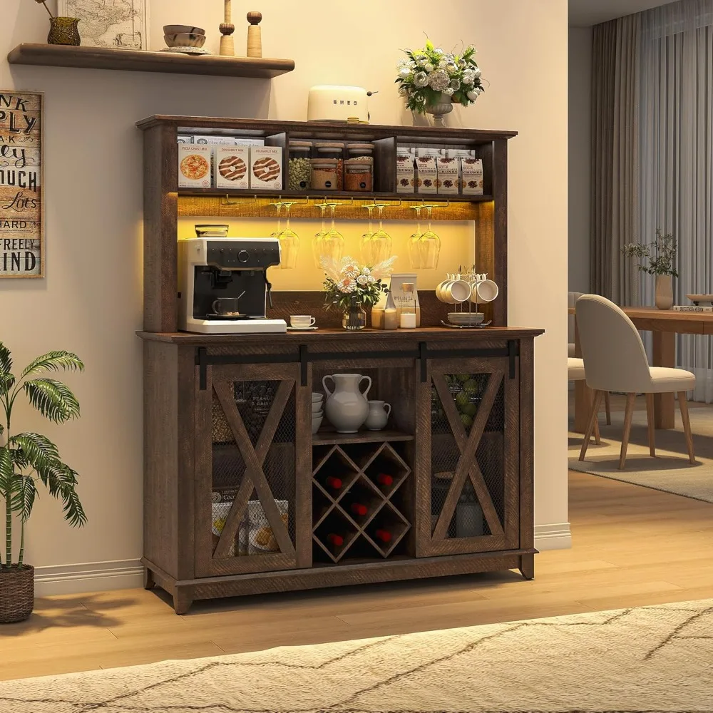 

47"Wide 56"H Farmhouse Coffee Bar Cabinet with Power Outlet and LED Light,Wine Bar Cabinet W/3 Storage, Customized