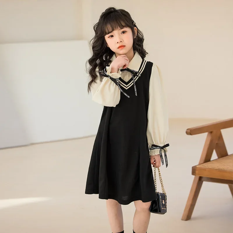 Girls' Dress Spring and Autumn Fake Two Pieces Long Sleeve Academy Style Skirts Kids Dresses for 5-14 Year Old Girls 4-6y 7-12y