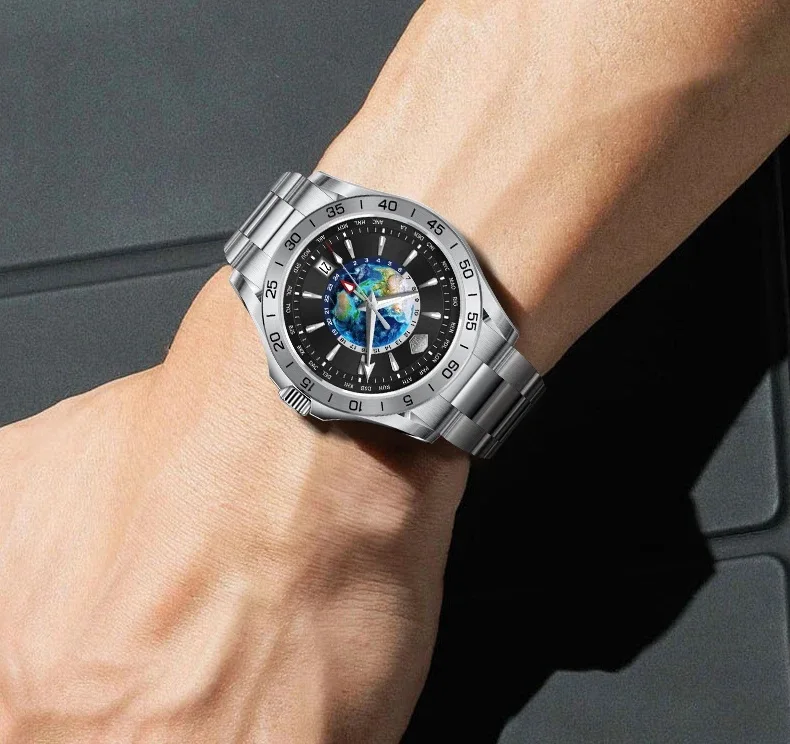 LOBINNI Men Automatic Watch 40mm GMT Mechanical Wristwatch 5ATM Waterproof Luminous Sapphire NH34 Earth Dial