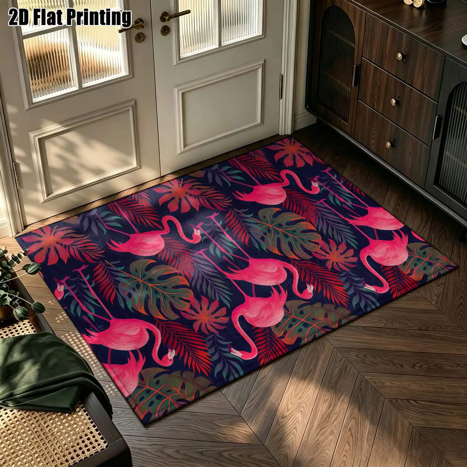 1Pc 2D Printed Carpet: Pink Flamingo & Tropical Plant Pattern, Nordic/Instagram/Modern Minimalist/European/Bohemian Style, Home Decor, Multiple Sizes, Machine Washable, Suitable for Entrance/Dining Room/Foyer/Living Room/Bedroom