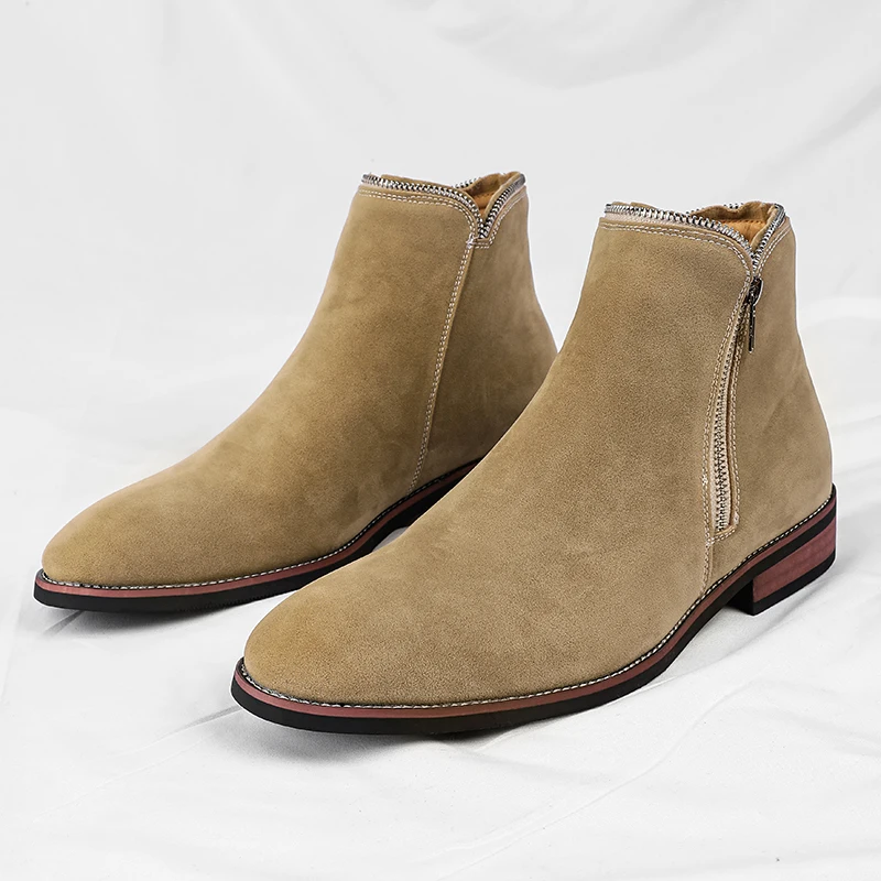Brand New Chelsea Men's Boots Fashion Low Heel Side Zipper Denim Boots Casual  Round Head Business Formal High Top Leather Shoes