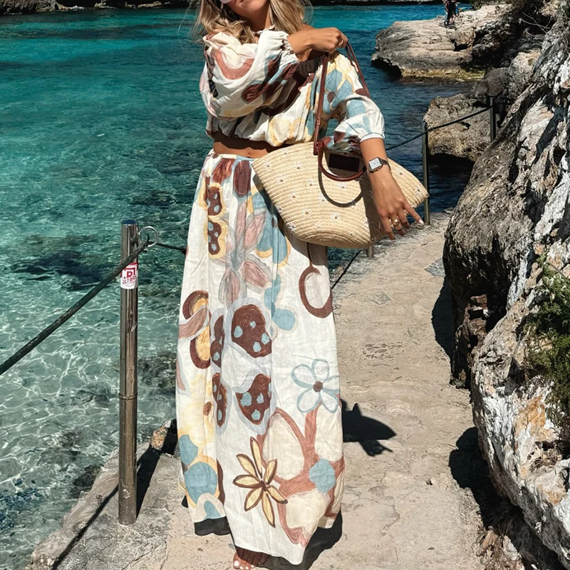 

Elegant Slash Neck Top & Long Skirt Outfits Women Casual Lantern Sleeve Vacation Suit Fashion Pattern Print Loose Party 2Pc Set