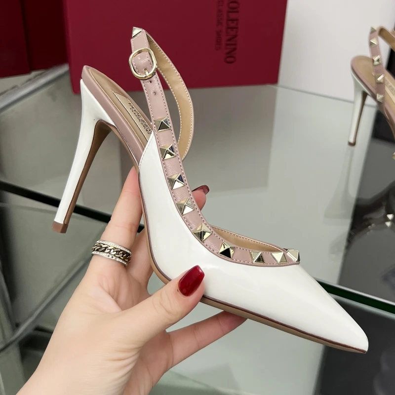 New Summer Lacquer Leather Riveted High Heels Sexy Shallow Mouth Pointed Metal Multicolor Liuding Thin Pumps Sandals Women