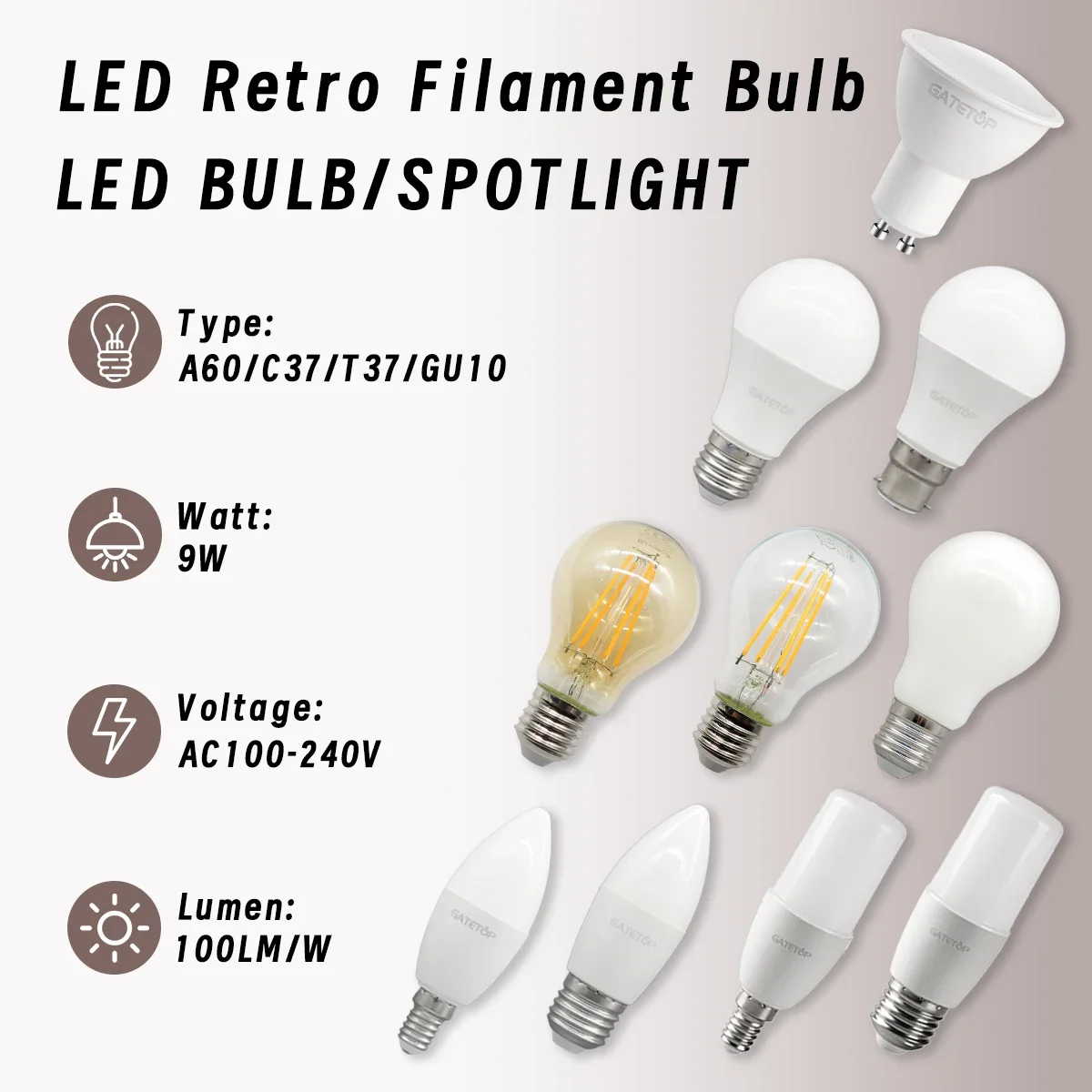 3 pçs e27 b22 e14 gu10 base de vidro lâmpadas 9w retro edison lâmpada do vintage led filamento lâmpada ponto luz AC100V-240V casa