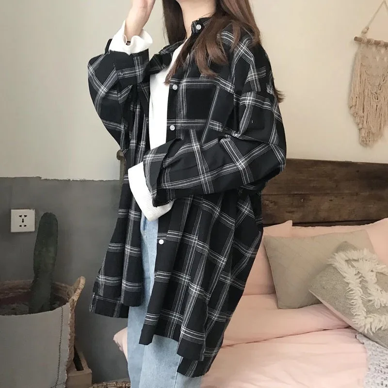 Shirts Women Plaid Long Sleeve Chic Loose Basic Spring Autumn Outerwear Casual Womens Sun-proof BF Retro Harajuku Newest Vintage