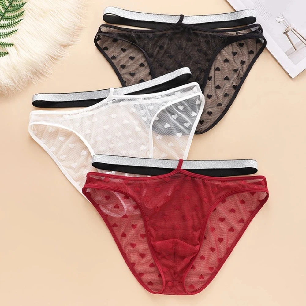 Lingerie Men's Triangle Panties Mid Waist Love Heart Men Thin Briefs Large Size Breathable Transparent Briefs Men