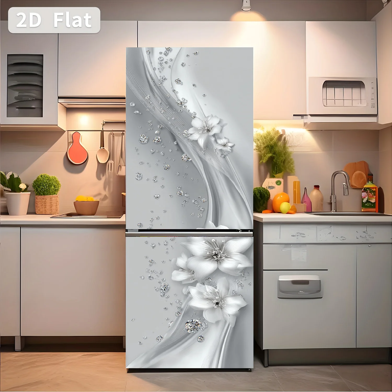 of Printed Refrigerator Sticker, Measuring 60×180 Cm, Featuring a Silver Floral Diamond Shadow Design. This Self-Adhesive Wall