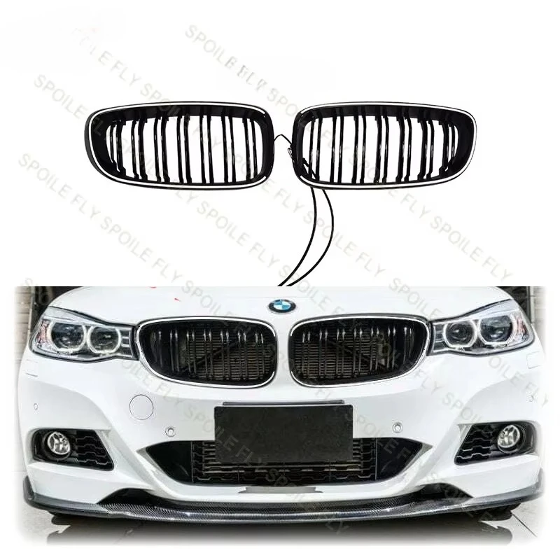 

For BMW 3 Series GT F34 2012 - 2020 Double Lines Fromt Bumper Kidney Racing LED Light Grille Lamp Grill Gloss Black Car Styling