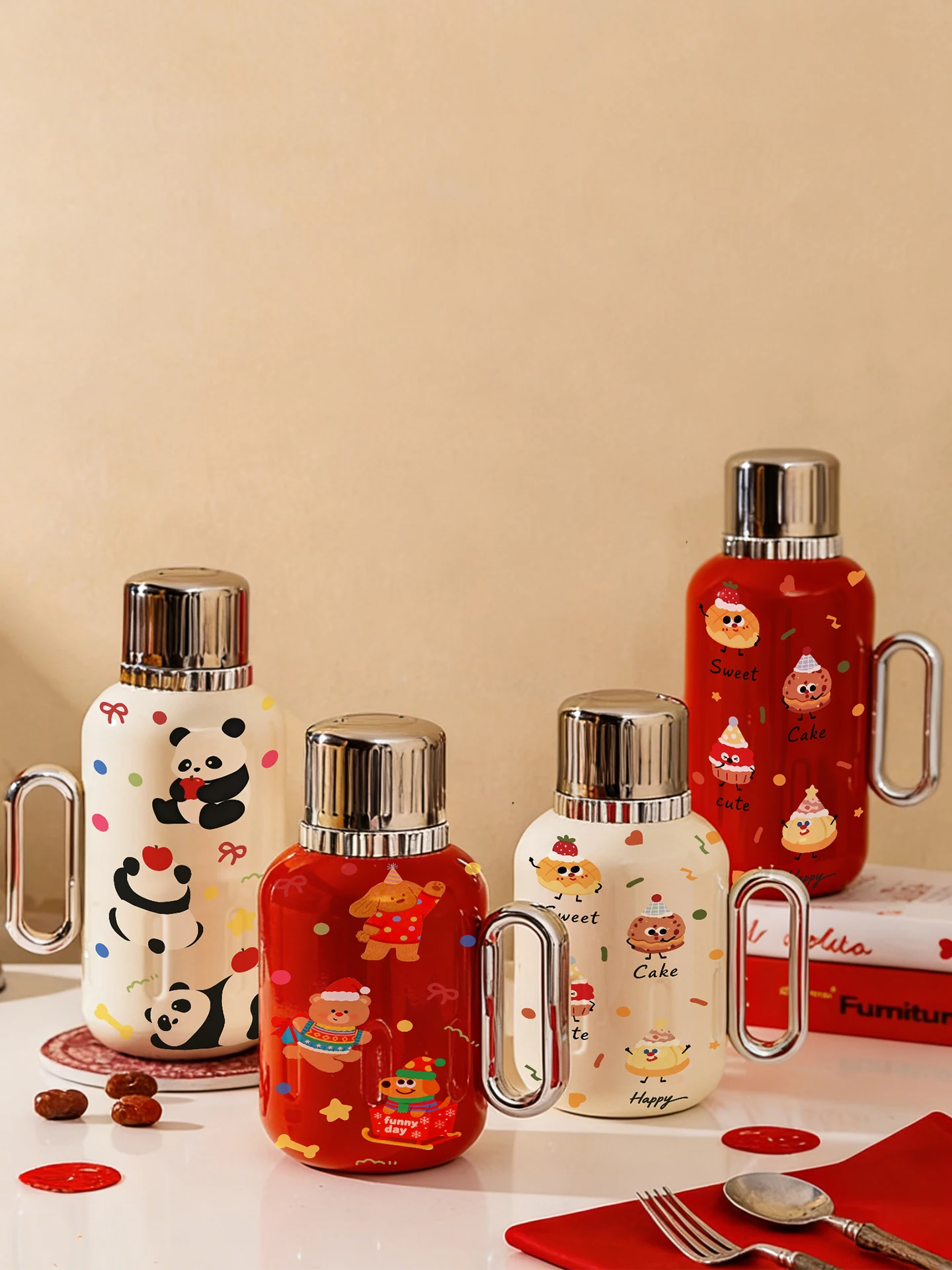 

Large Capacity Tea Brewing Pot with Temperature Indicator Needle Home Use Stainless Steel Insulated Flask Cartoon Style