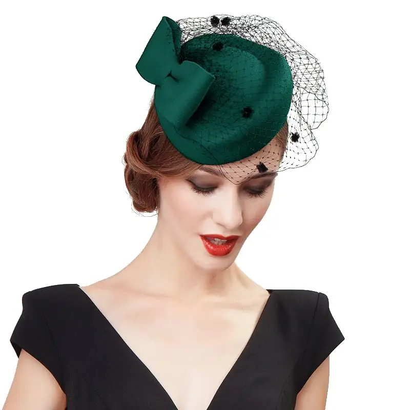 Women Elegant Bowknot Veil Fascinator Hat Cocktail Beret Cap Lady Wedding Party Church Hair Accessories Wool Felt Pillbox Hat