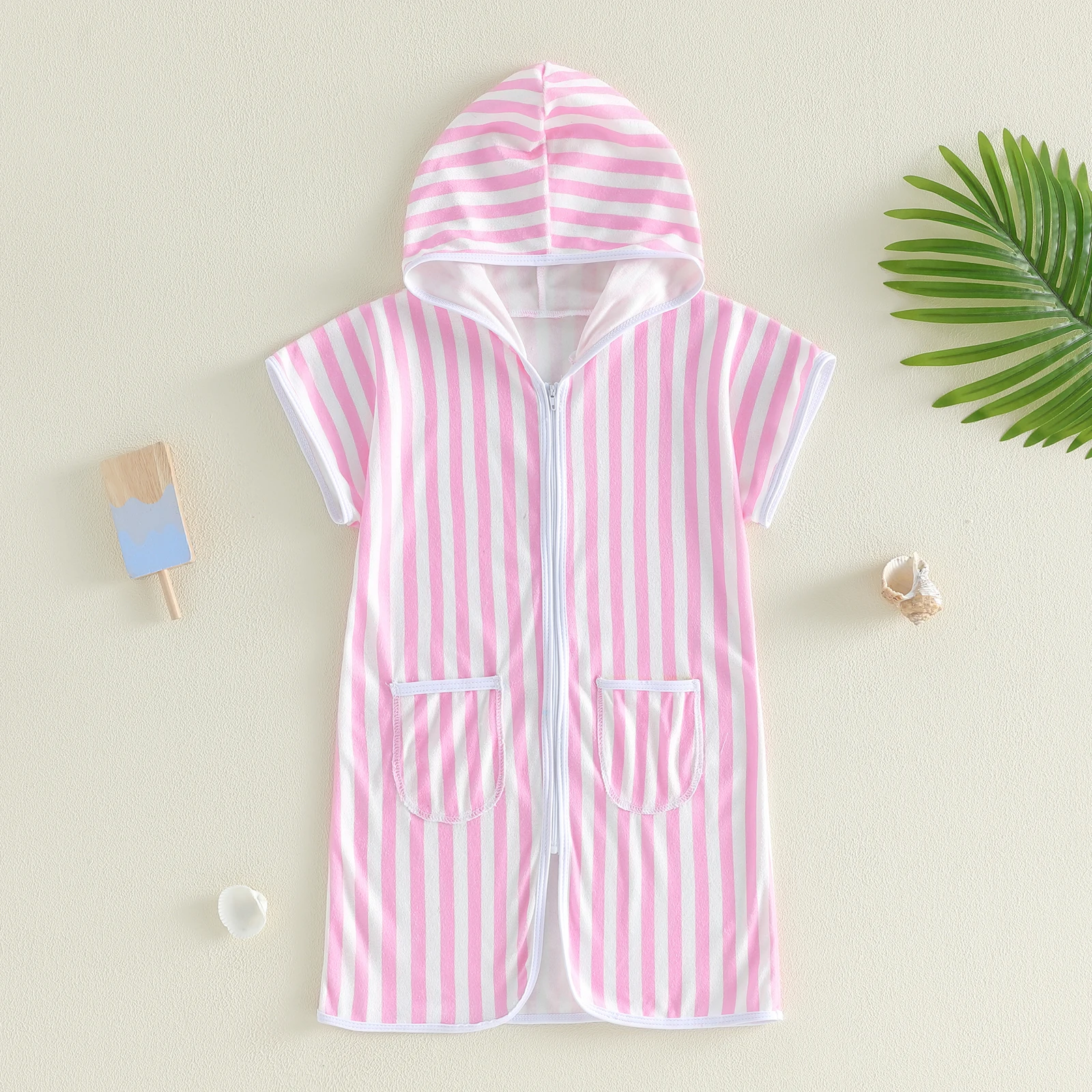 Kids Beach Cover Up Stylish Striped Casual Zip Up Short Sleeve Hooded Shawl for Beach and Daily Life