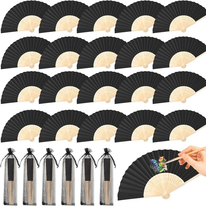 6Pcs Black Folding Handheld Paper Fans Set with 6Pcs Black Drawstring Organza Pouches, Solid‑Color Paper Hand Fans, Wedding