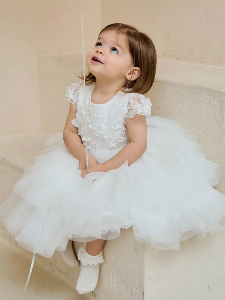 Tule branco Puffy Flory vestido padrão para bebê, manga curta, casamento, festa de aniversário, vestido de primeira comunhão, florista