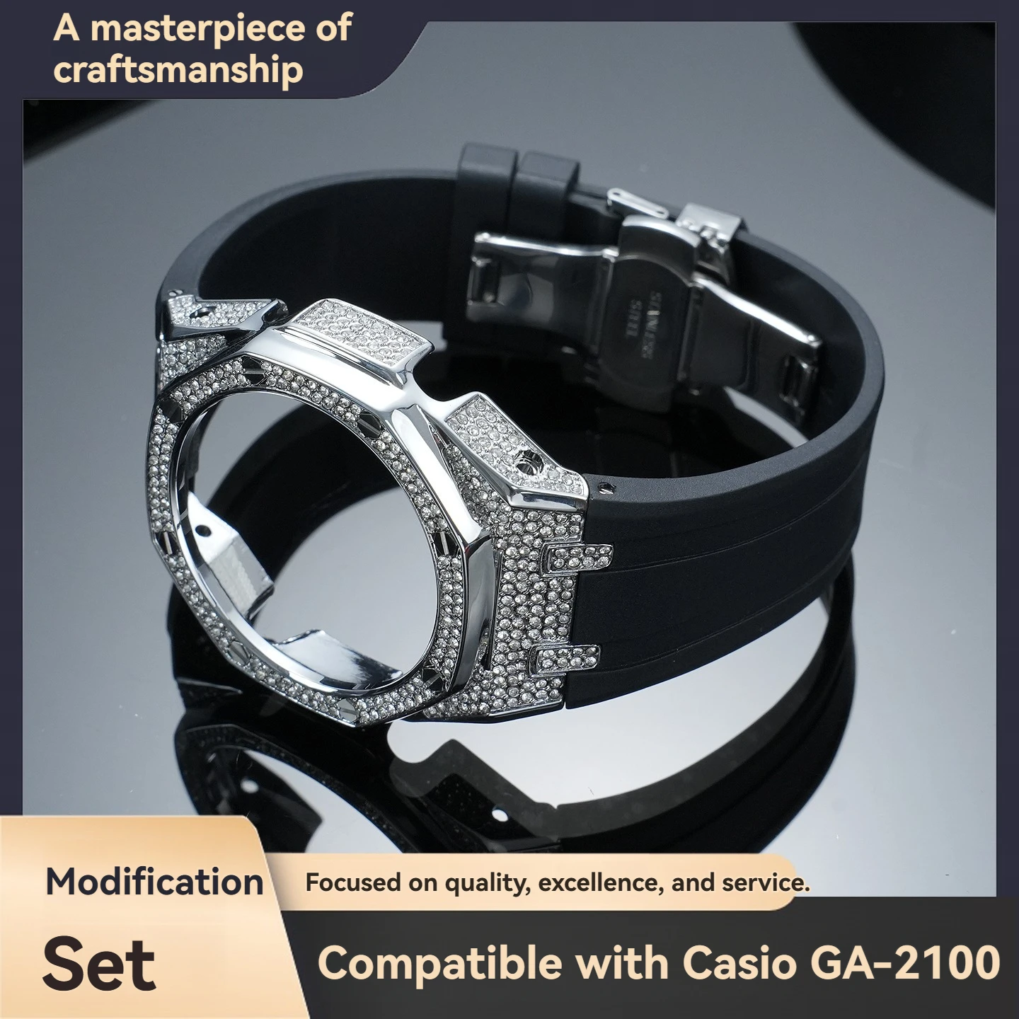 For Casio Farmhouse Oak GA-2100 Case Set GMA-S2100 Women's Set: Stainless Steel Case, Water-Resistant Fluororubber Watch Band