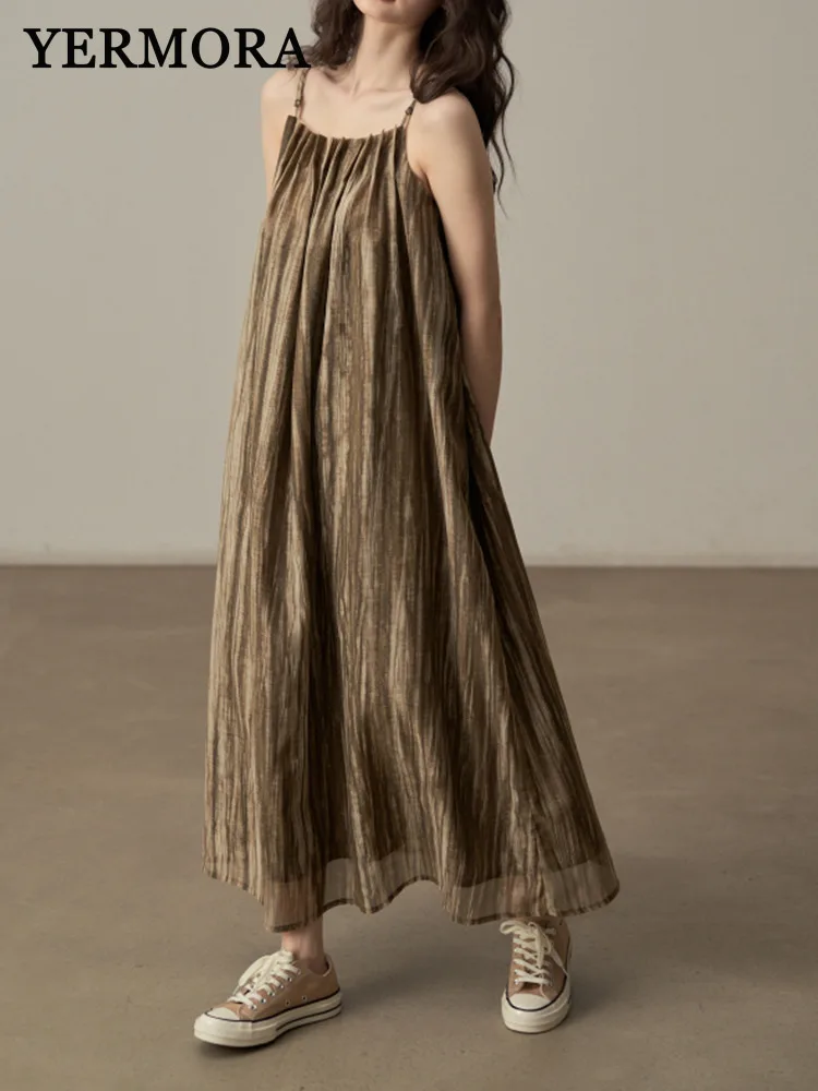 

YERMORA Women Brown Pleated Thin Casual Slip Dress Square Collar Loose Fit New Sundress Fashion Tide Spring Summer 2025