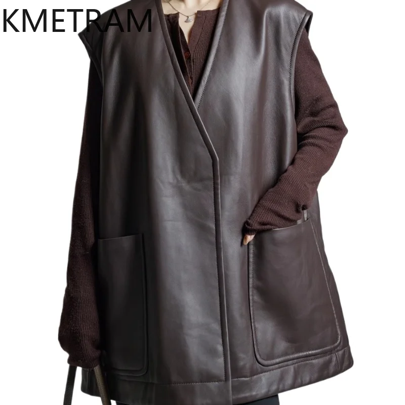 KMETRAM 100% vera pelle di pecora sottile gilet di cotone spalla larga rosso allentato cappotti in vera pelle donna 2025 autunno di media lunghezza пьто