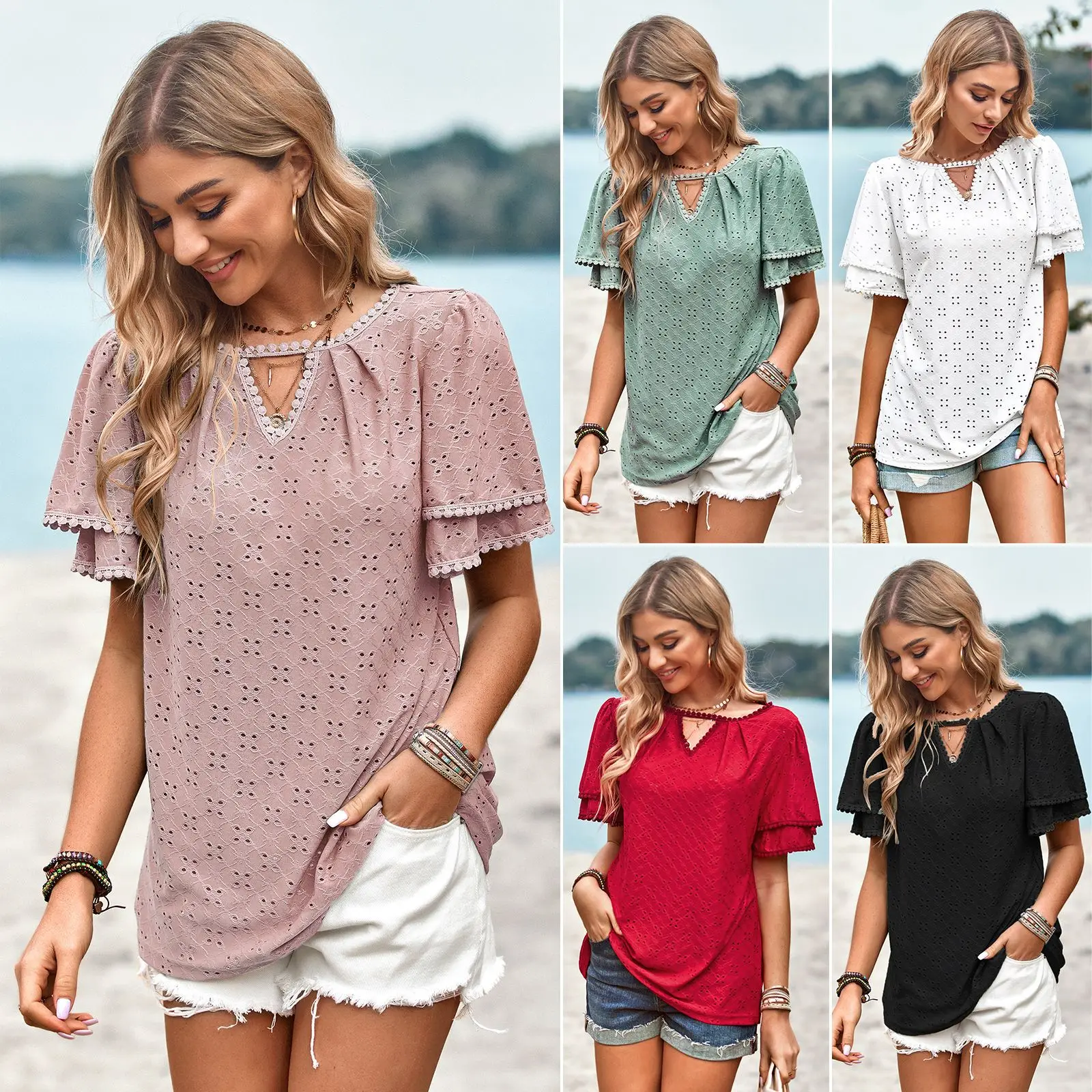 

Solid Color Hollow Knitted Short-sleeved Top 2025 Spring And Summer Casual Women's Clothing