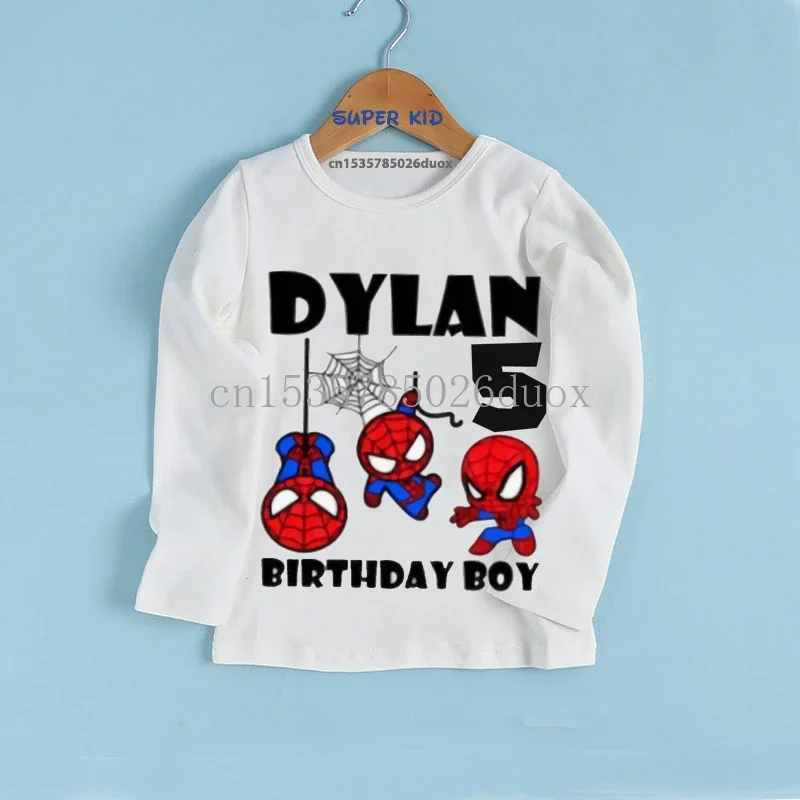 Spring and Autumn MARVEL Spider-Man Birthday Kid Shirt 2 3 4 5 6 7 8 9 Spidey Personalize Name Birthday Boy Long Sleeve T-shirt