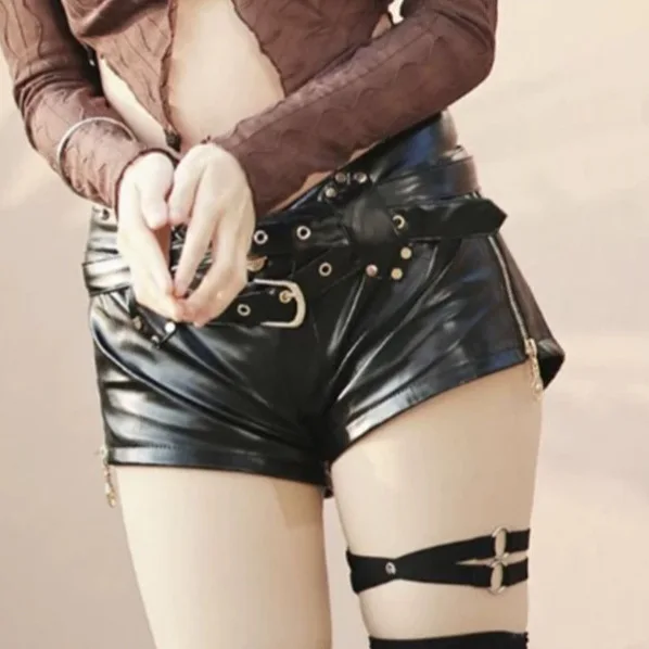 New Super Short Low-rise PU Imitation Leather Shorts Women's Casual Hot Pants Micro-elastic Belt Spice Girls Booty Shorts