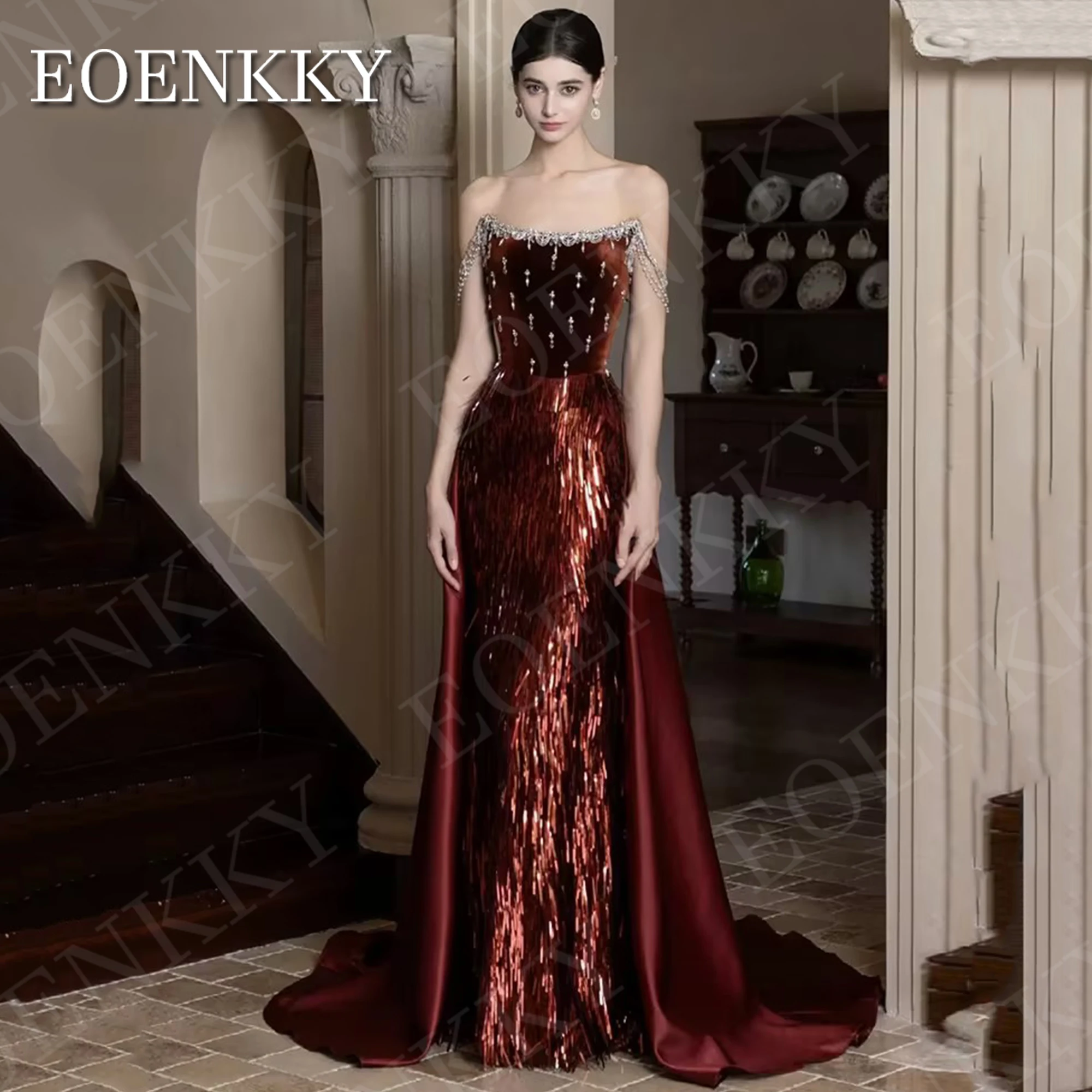 EOENKKY Saudi Arabia Mermaid Evening Dresses Luxury Crystal Off Shoulder Pageant Dress Detachable Train Prom فستان سهرة نسائي