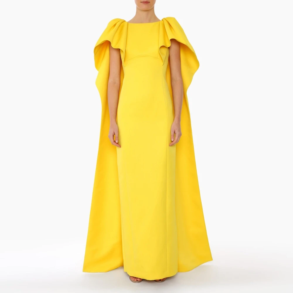 

Muloong Yellow Straight Neck Mermaid Midi Dress Form-fitting Bodice Oversized Floor Length Cape Luxury Special Events Dress