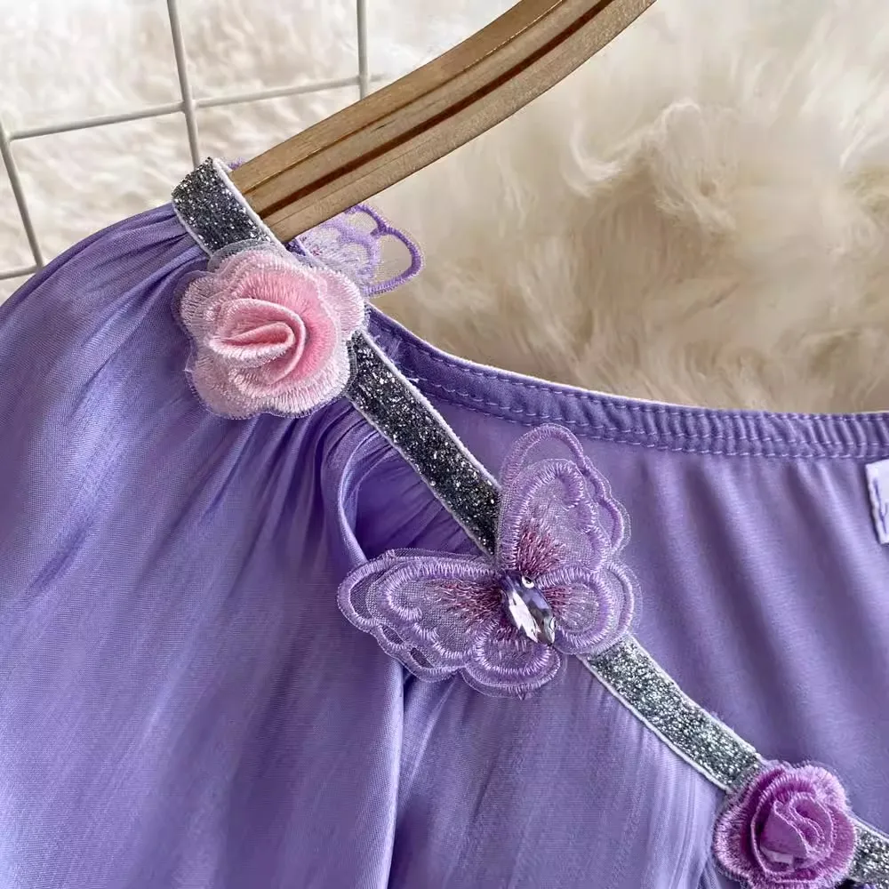 Elegant Autumn Purple Organza Puff Sleeve Prom Party Long Dress Luxury Women Square Collar Diamonds Floral Lace Up Belt Clothes