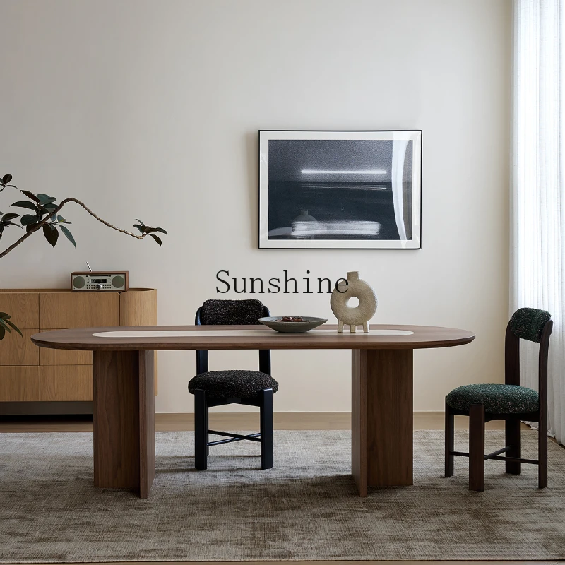 

Solid wood oval household travertine dining table