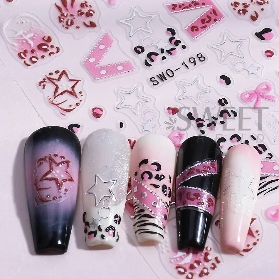 2 Stück Y2K Nagelaufkleber Schwarz Rosa Leopardenmuster Schleife Hohlstern Band Französisches Design Nagelsticker DIY Halloween Maniküre Deko – Detail 7
