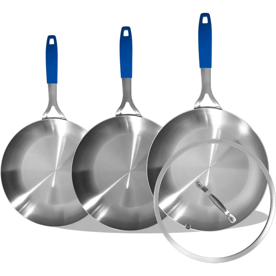 

8.5-10-12 Inch Tri-Ply Stainless Steel Frying Pan Set with Lid,Skillets,Induction Cooking Pans,Pots and Pans Set,Dishwasher and