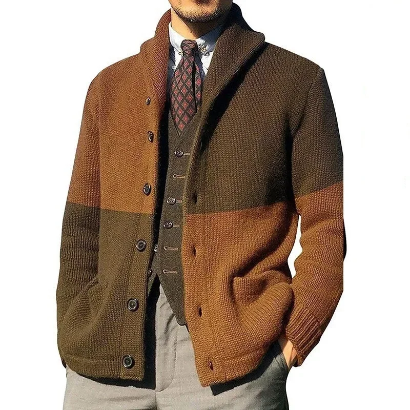 

Cardigan Men Coat Knitted Turn Down Collar Sweaters Coats Full Sleeve Casual Splice Single Breasted Open Stitch Autumn Winter