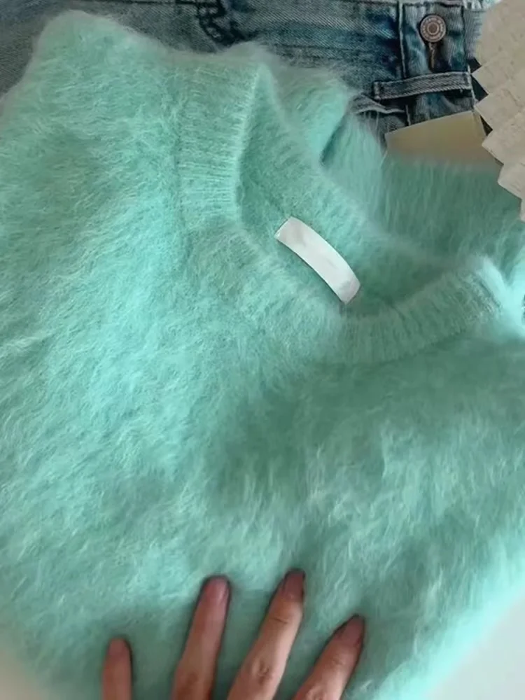 Chic Fashion Lazy Soft Mohair Thick Loose Jumpers Pullover New Oversize Autumn Winter Green Long Sleeve Knitting Warm Sweaters