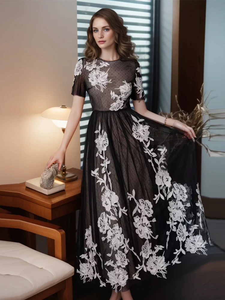 

SEQINYY Elegant Midi Dress Black Summer Spring New Fashion Design Women Runway Short Sleeve Embroidery White Flower Vintage