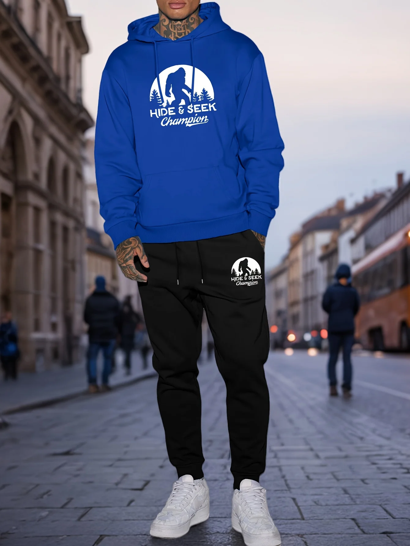 Men Trendy Versatile Print Hoodie Sweatpants 2Pcs Tracksuit Set Soft Fabric Athletic Jogging Streetwear Casual Daily Outfit