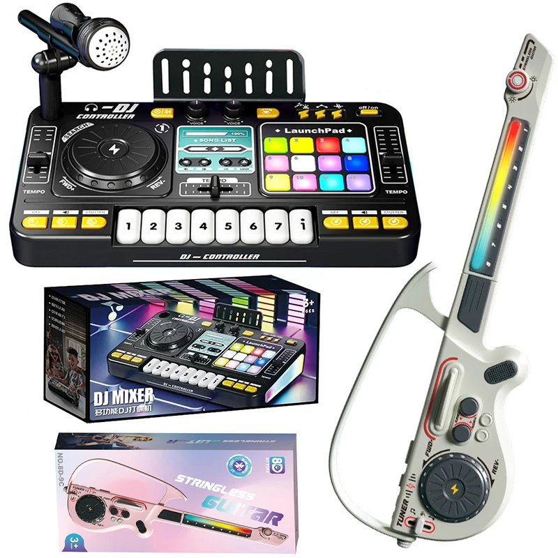 

Kids DJ Mixer with Microphone Electronic Piano Keyboard, Stringless Electric Guitars, Musical Instrument Learning Game Tool