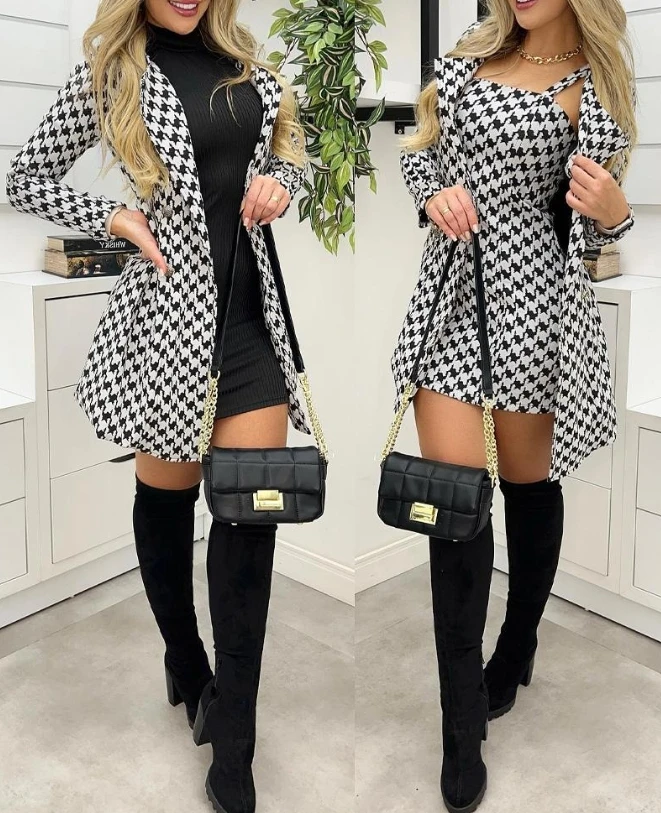 Houndstooth Printed Thin Shoulder Strap Tight Fitting Dress and Suit Jacket Set, The Latest Fashion Hot Selling Women's Clothing