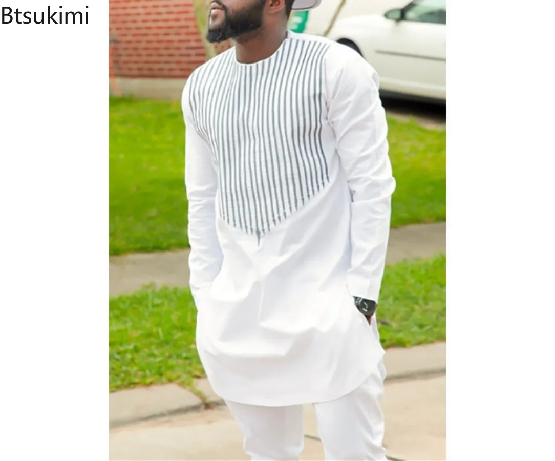 Ethnic Style African Tradition Clothing Men's Mid-length Long Sleeve T-shirt Pants Two Piece Sets Striped Print Men Fashion Suit