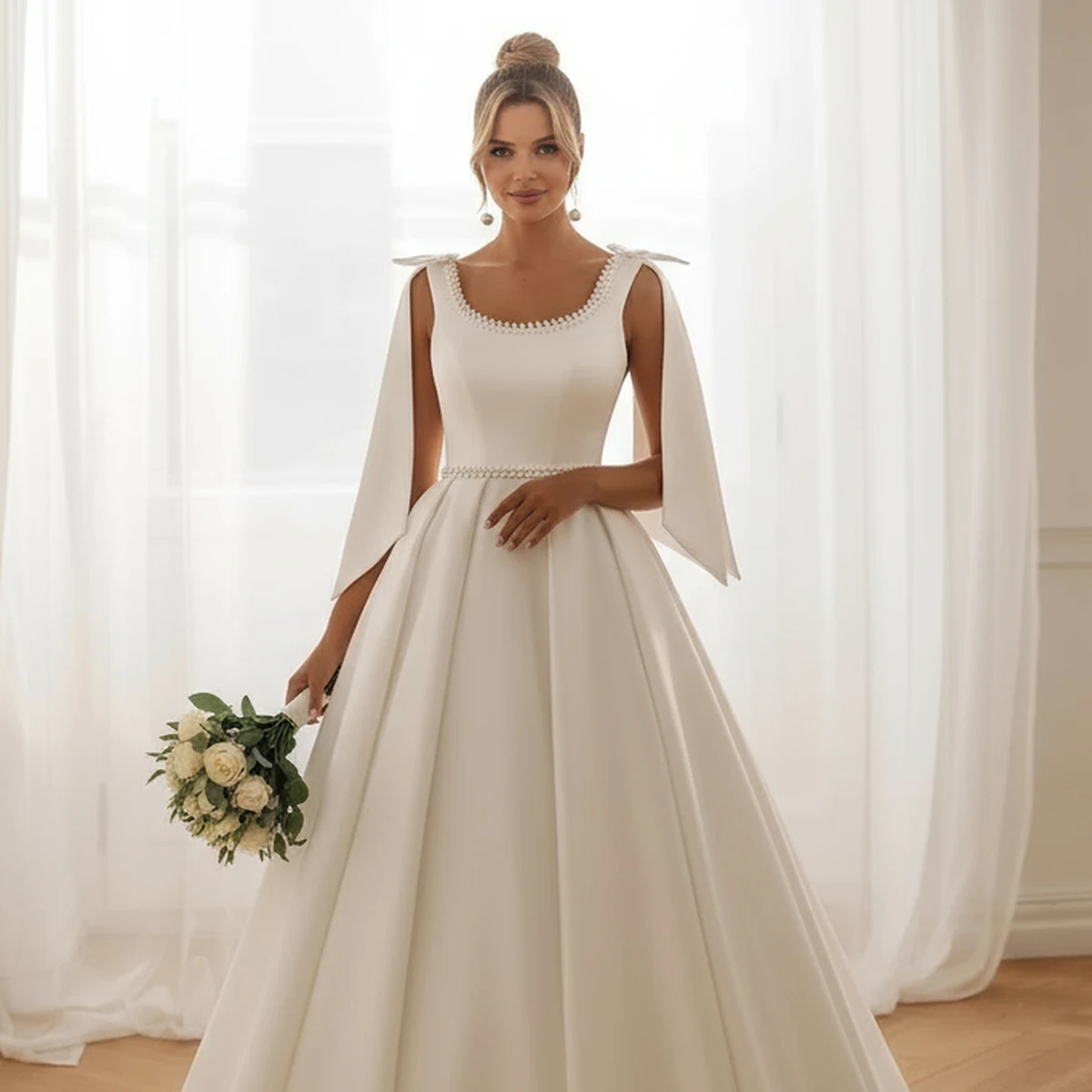 Clássico cetim cinta de espaguete longo vestido de baile vestidos de casamento com arco pérola vestido de noiva para mulheres novia