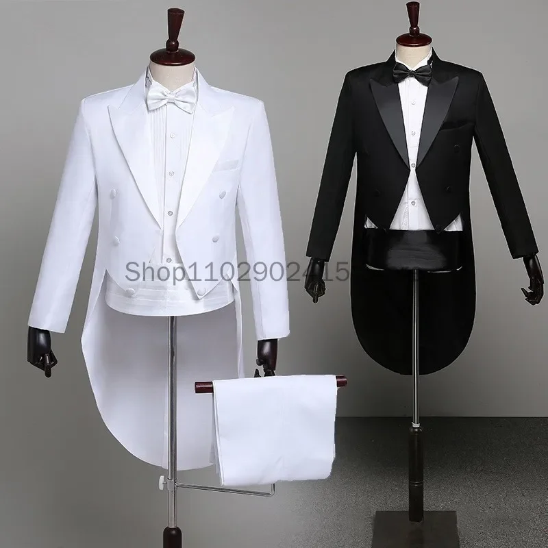 Men's Classic Black Shiny Lapel Tail Coat Tuxedo Wedding Groom Stage Singer 2-Piece Suits Dress Coat Tails Party Show Tailcoats